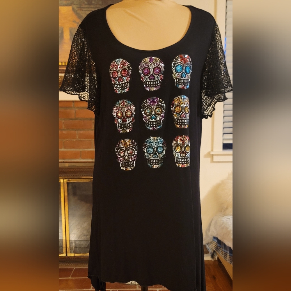Black Tunic with Day Of The Dead "Dia De Los Muertos" Design By Song N Spirit